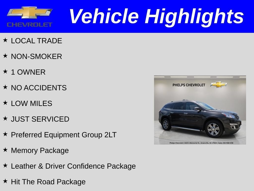 Used 2016 Chevrolet Traverse 2LT with VIN 1GNKRHKD6GJ174681 for sale in Greenville, NC